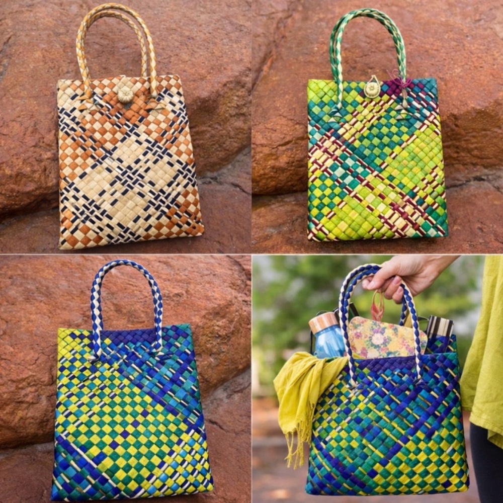 3 Hand Woven Mini Tote Bags Handwoven Wicker Boho Mini Market Lunch Bag